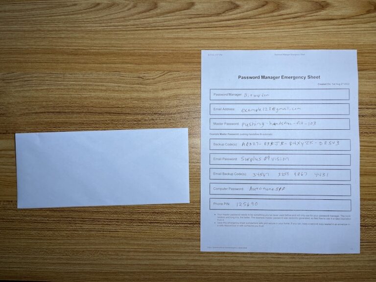 Storing Emergency Sheet In Envelope [Tamper Seal] - Password Bits